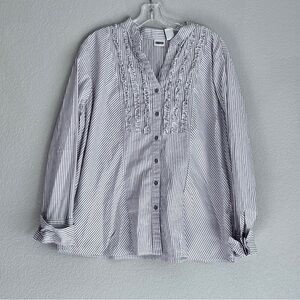 Route 66 Vertical white and gray Striped Long Sleeve Fitted Women’s Blouse 2XL